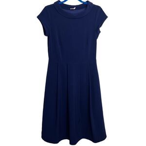 Down East Basics Short Sleeve Collared Pleated Midi Dress Navy Blue Size Large